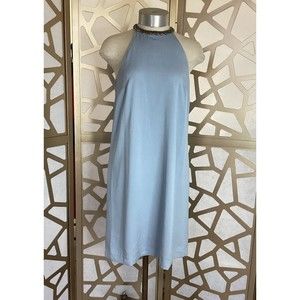 H&M HM Beaded Neckline Sleeveless Shift Dress elegant stretch Sz 6 S Small Blue